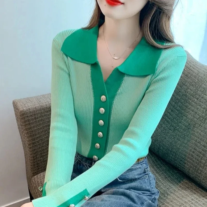 Korean Polo Collar Women\'s 2024 Autumn New Item Spliced Button Screw Thread Fashion Slim Versatile Long Sleeved Knitted Tops