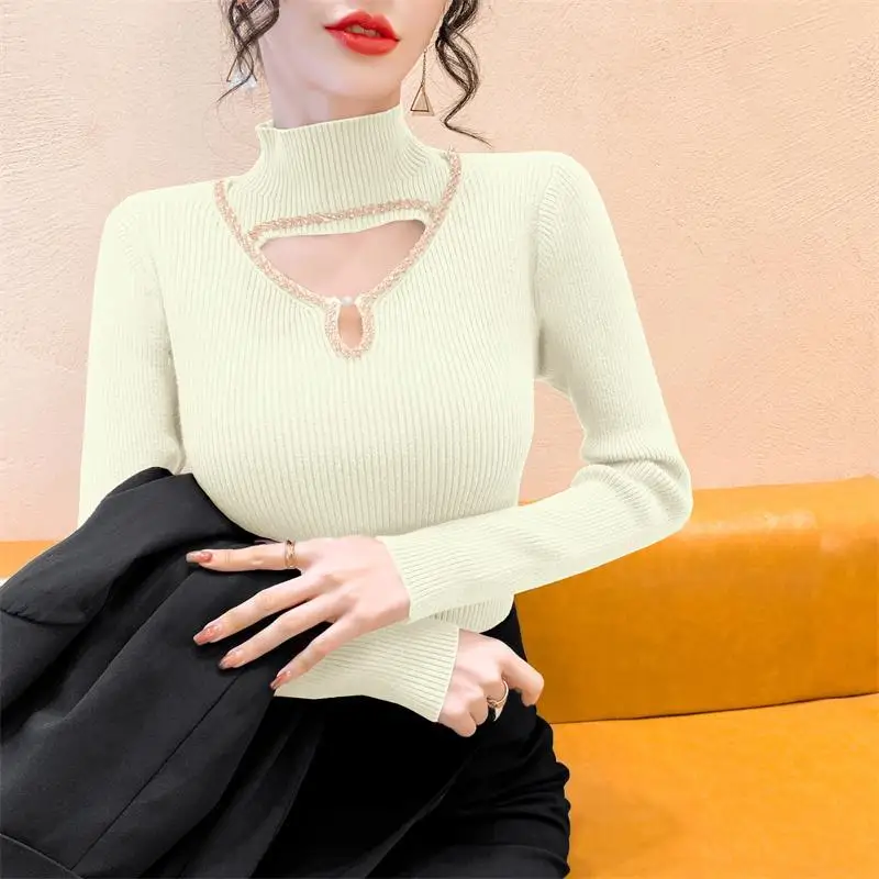 New Hollowed Out Nail Drill Knitted Base Sweater Semi High Neck Knitted Base Sweater Women\'s Inner Top