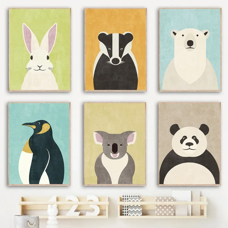 Cute Animals Panda Badger Giraffe Penguin Poster Prints Canvas Printing Wall Art Picture for Living Kids Room Kindergarten Decor