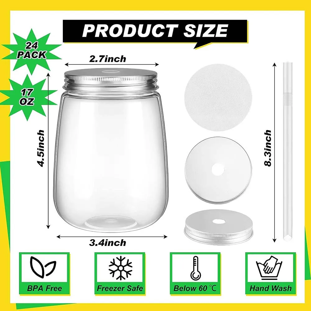 U Shape Plastic Mason Jars, Juice Jar with Aluminum Caps, Straws PET Mason Jar for Water, Milk, Drinks Bottles, 17oz