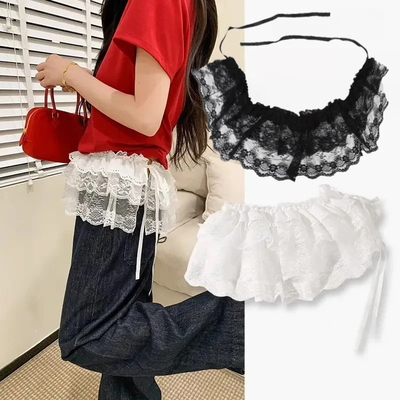 

Lace Mini Skirts Women Sweet Lolita Short Skirts High Waist Y2k Streetwear Ruffle Skirts Lace Layered Gauze Butt Curtain Skirt