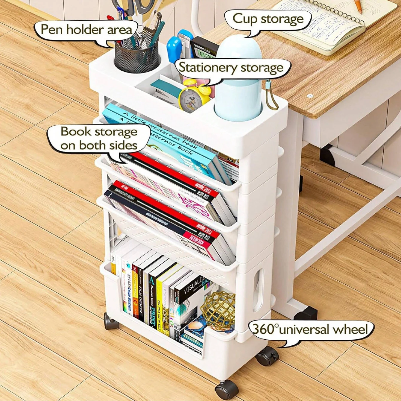 1pc 5 Tier Book Rack Storage Bookshelf, Multilayer Capacity Rotatable Removable Plastic Practical Rolling Organization