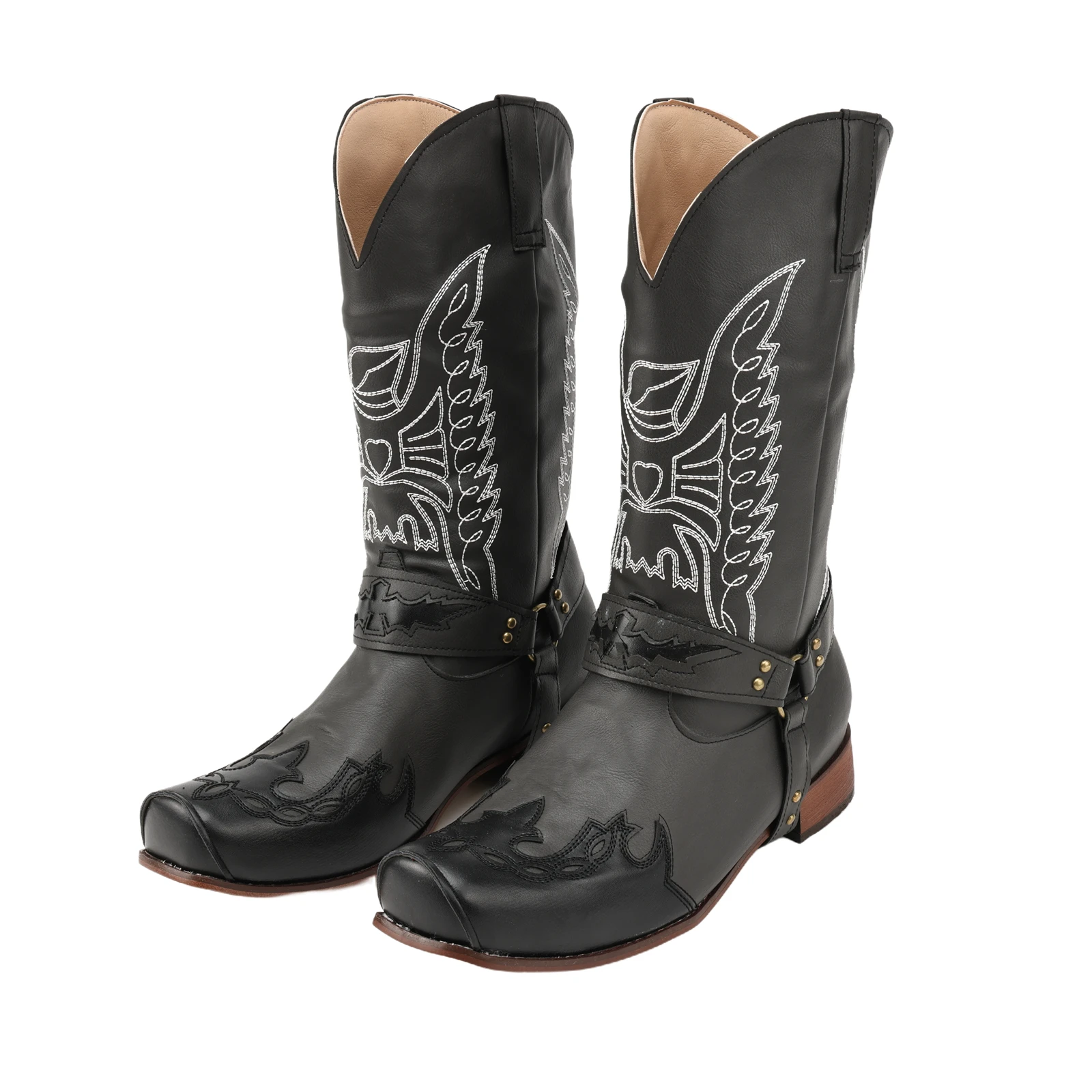 Men's Square Toe Embroidered Faux Leather Boots, Side Zipper Knight Boots, Warm Court Viking Tribal Style Cosplay Boots
