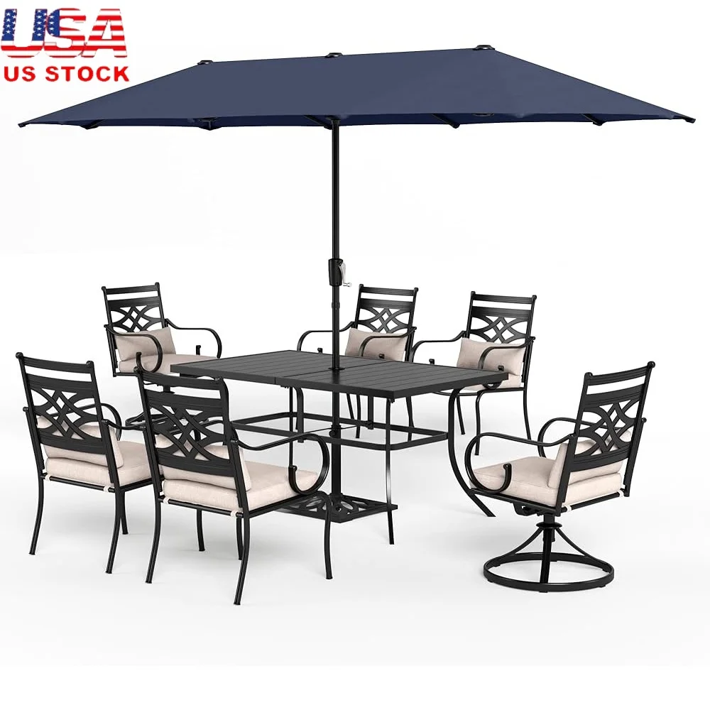 

7-Piece Patio Dining Set with 13ft Umbrella 6-Person Dining Table 4 Fixed 2 Swivel Chairs Removable Cushions Outdoor Furniture