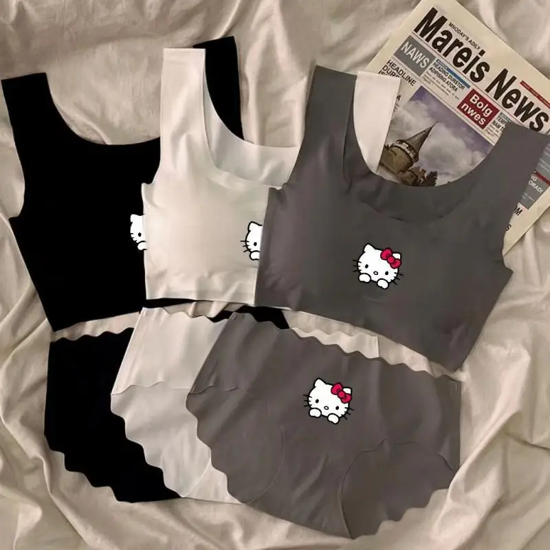 

Kawaii Sanrios Underwear Set Hello Kittys Bra Underwear Student Cartoon Print Without Wires Soft Breathable Silk Fabric Girl Bra