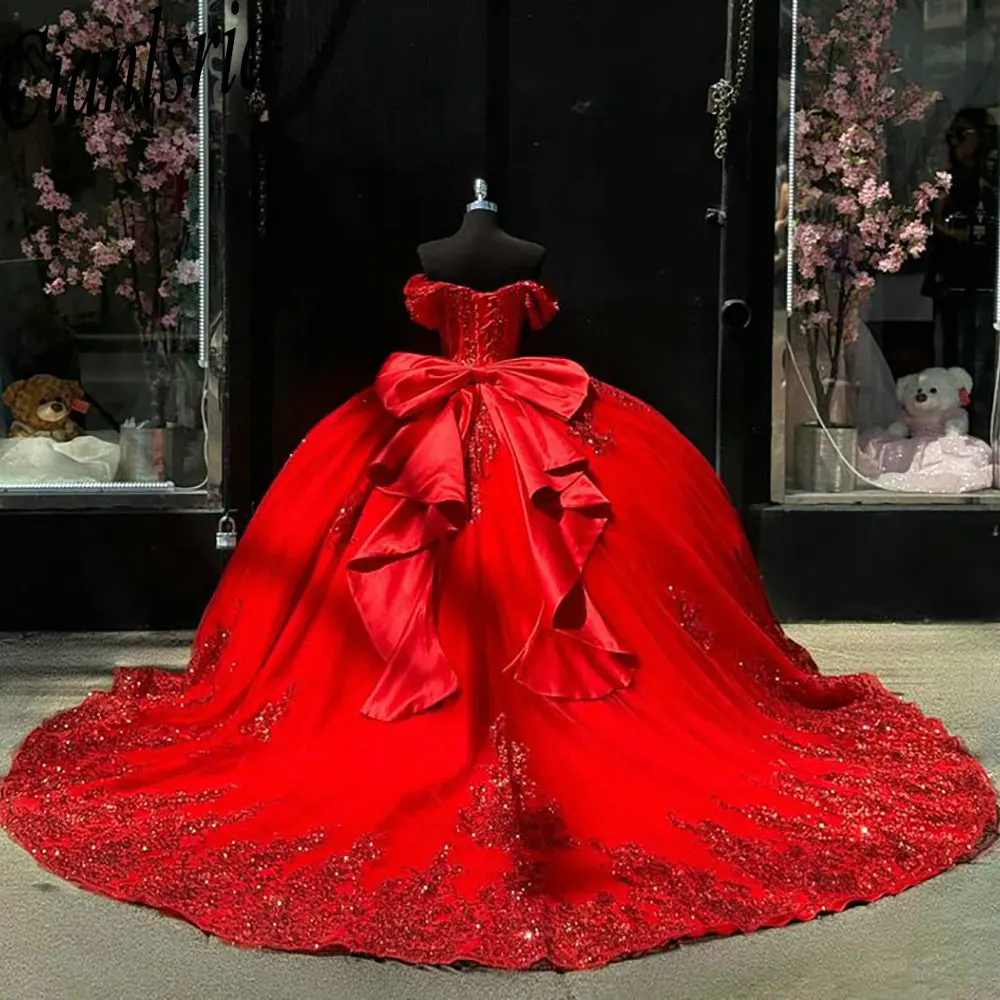 Vestido de quinceañera de encaje con apliques de lentejuelas brillantes Rojas, hombros descubiertos, dulce vestido de baile con cuentas 15, vestidos de fiesta para cumpleaños