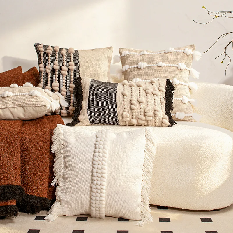 Aesthetic Woven Cushion Cover with Knotted Tassels Soft Textured Blend Throw Pillow Case Boho Geometric Patchwork Pillow Cover