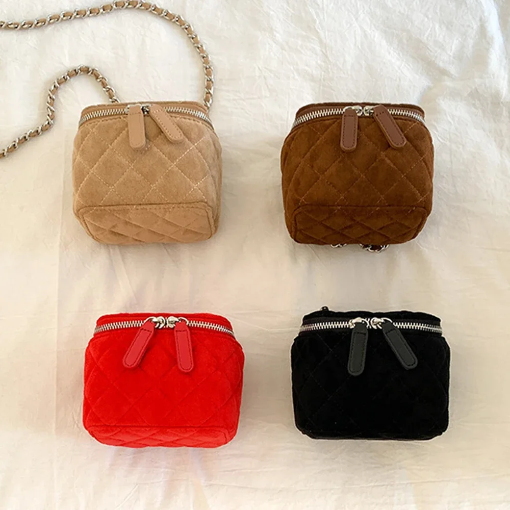 Mini Faux Suede Crossbody Bags for Women 2025 New Luxury Designer Box Bag Lingge Chains Shoulder Bag Lipstick Coins Sling Purse