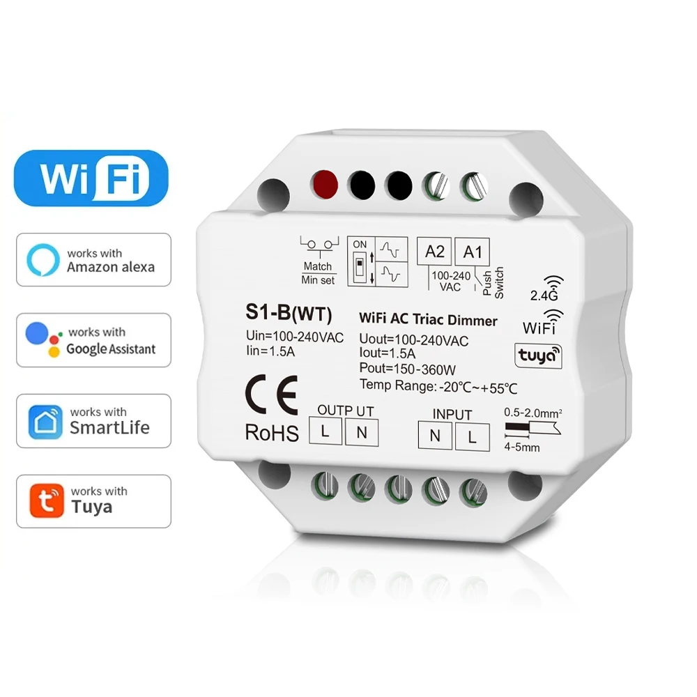 TUYA WiFi LED Dimmer 220V 110V AC Triac Dimmer Push Switch Wireless 2.4G RF Remote Control Echo Plus Voice Control FR LED Lamp