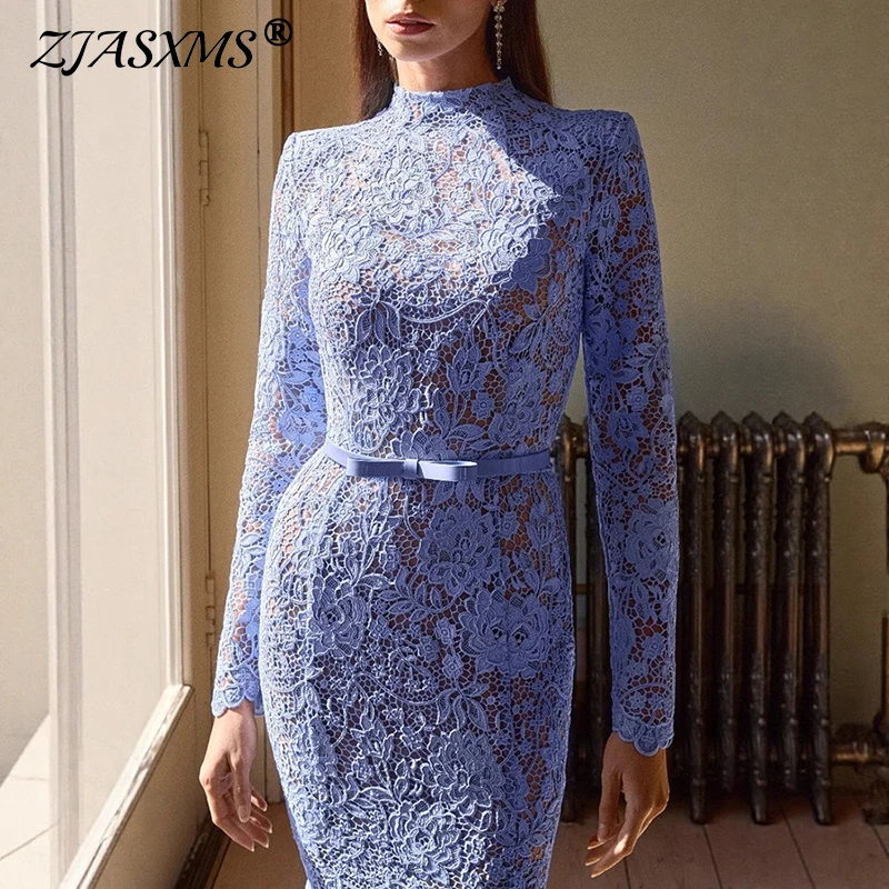 Elegante Stickerei Durchsichtig Frauen Kleid Häkeln Hohl Reißverschluss High-taille Prom Kleider Sexy Mantel Jacquard Spitze Meerjungfrau Kleid
