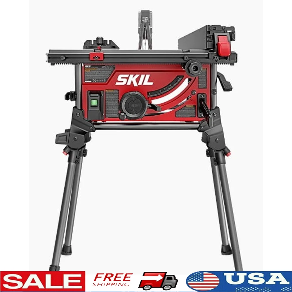 

15 Amp 10 Inch Portable Table Saw with Folding Stand 24 Tooth Blade Rack and Pinion Fence Dust Port Elbow Bevel Capacity 4x4
