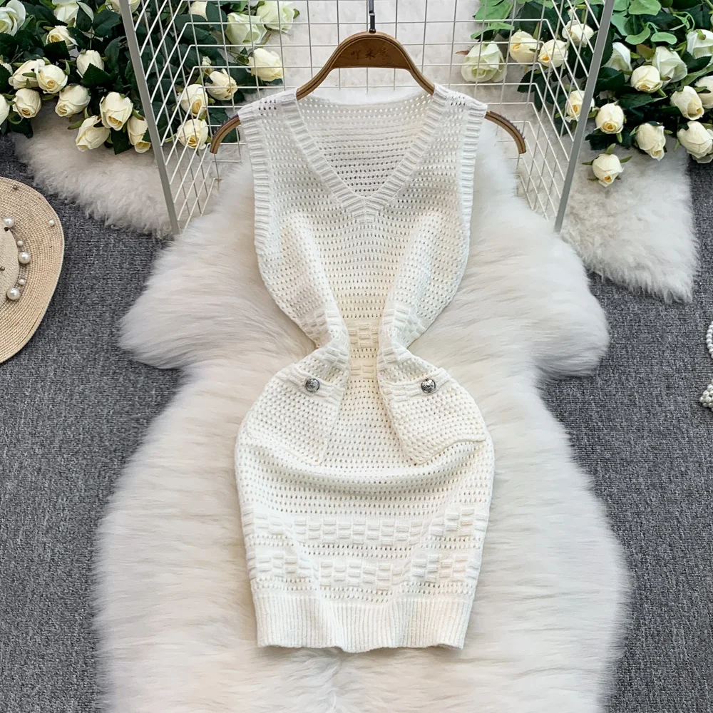 

Chic Elastic Knit sleeveless hollow out Pockets Bodycon Dress Women Vestidos korean fashion dress Slim Wrap pencil dress