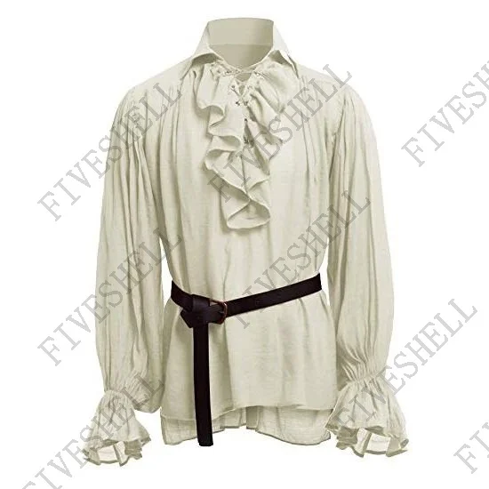 Christmas Mens Medieval Shirts Poet\'s Renaissance Cosplay Costume  Pirate Captain Lace Up Ruffle Tops Sand Collar Shirt