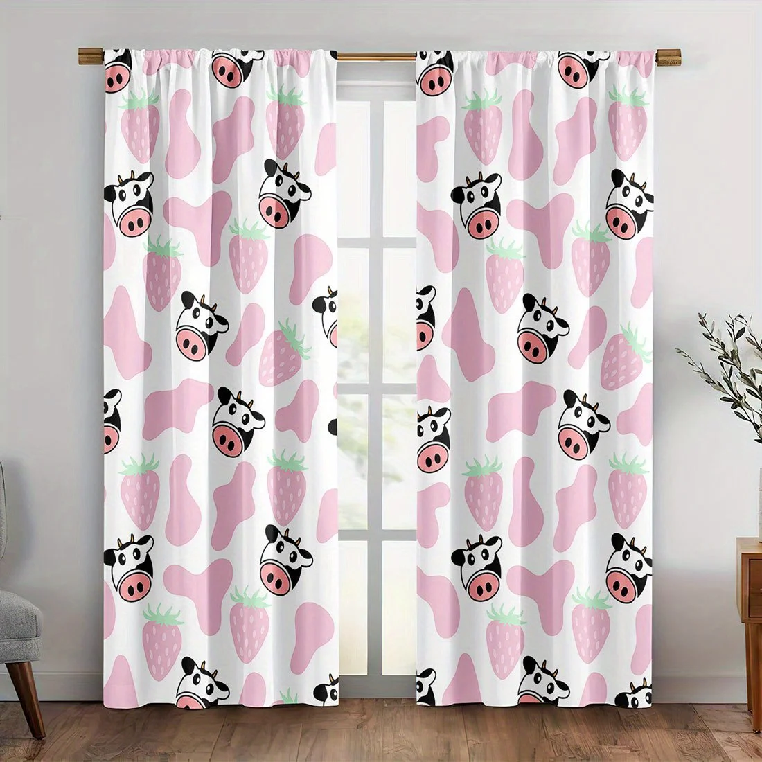 Cute Pink Strawberry Pig Cartoon Nursery Curtains Pair Window Drapes for Kids Room Bedroom Home Decor Privacy Treatment