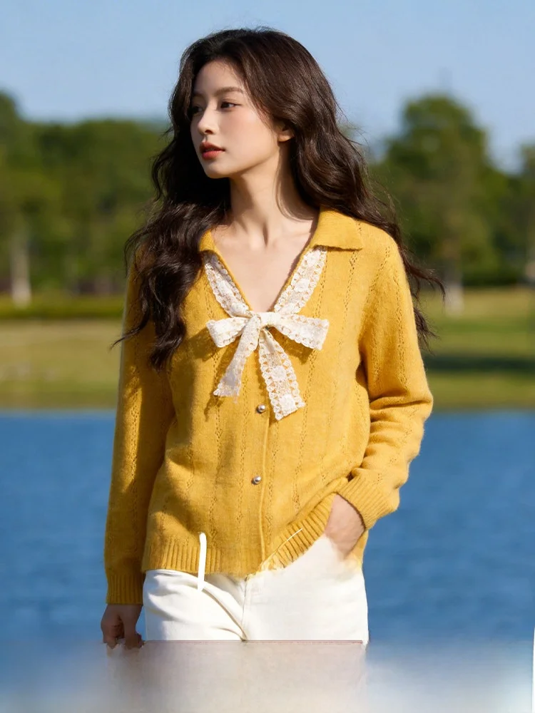 

Женский вязаный свитер Spring College Sle с V-образным вырезом, бантом, свободного кроя, с длинными рукавами, из полиэфирного волокна, с узлом