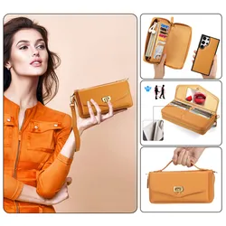 2 in 1 Detachable Zipper Cards Solt Leather Wallet Case for Samsung Galaxy S26 Ultra S25 S24 S23 Crossbody Purse Handbag Cover