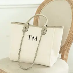 Bolso de playa personalizado, bolsa de mano de lona con cadena, color gris claro/Beige, ideal para regalo de cumpleaños de novia