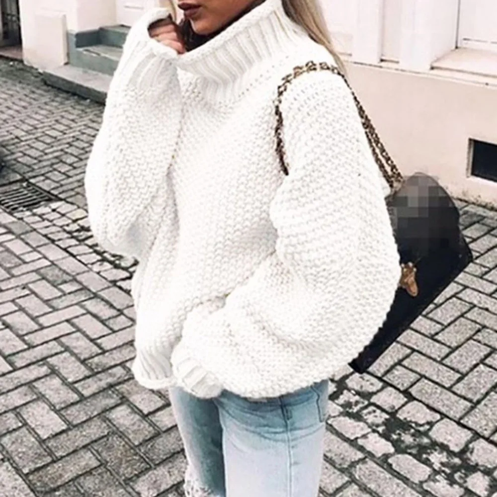 S-XL Women Autumn Winter Warm High Neck Plain Loose Pullovers Korean Office Retro Knitwear Minimalist Turtleneck Knitted Sweater