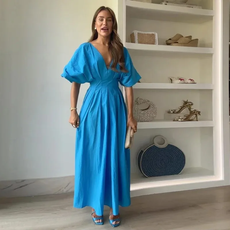 Robe plissée taille haute pour femme, col en V profond, robe de soirée élégante, manches mi-bouffantes, robe maxi, bleu, mode éducative, luxe, monochromatique