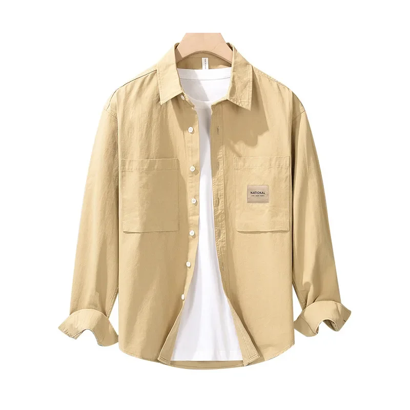 

100% Cotton Shirt Men Spring Fall Daily Casual Loose Shirts Double Pockets Long Sleeve Khaki Shirt Korean Fashion Men Clothing