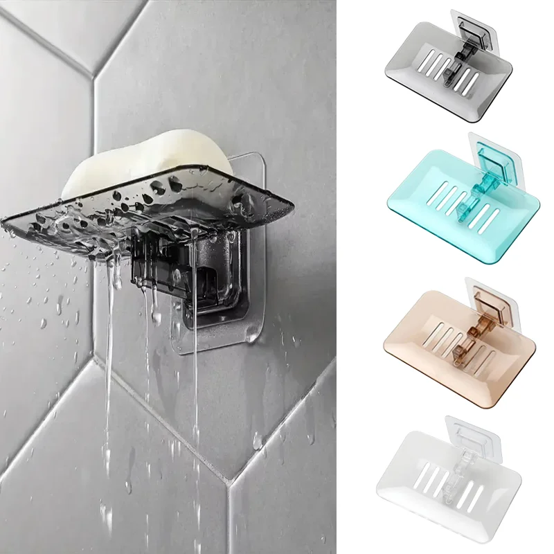 

1 wall-mounted transparent soap dish with drainage, no-drill adhesive type, wall-mounted shower and toilet drainage soap holder