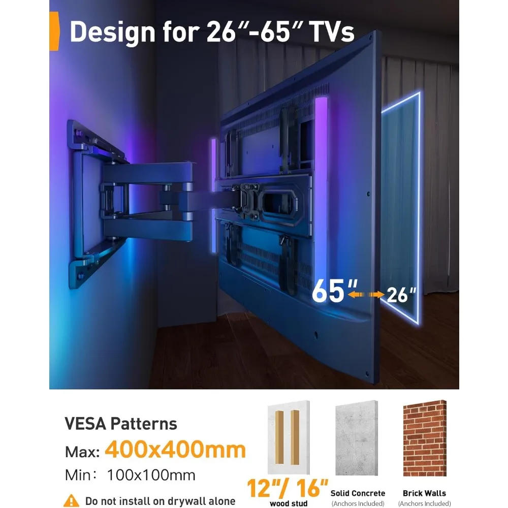 Suporte de parede para TV pré-montado com luzes LED para TVs de 26 a 65 polegadas de até 99 libras, Max VESA 400x400mm, giratório, extensão,