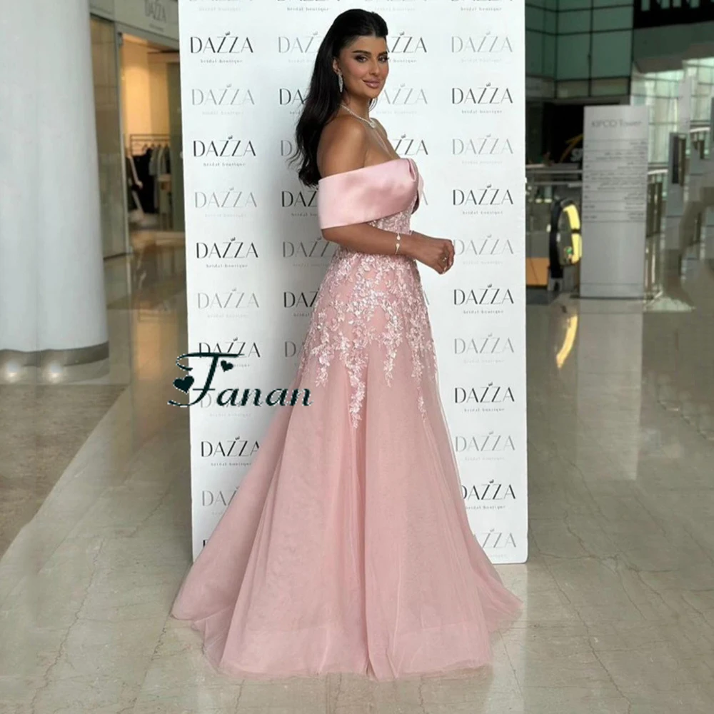 Customized Jiayigong Elegant Pink Tulle Simple Women Gala Gown Off the Shoulder Appliques Sexy Backless A-line Floor Length Even