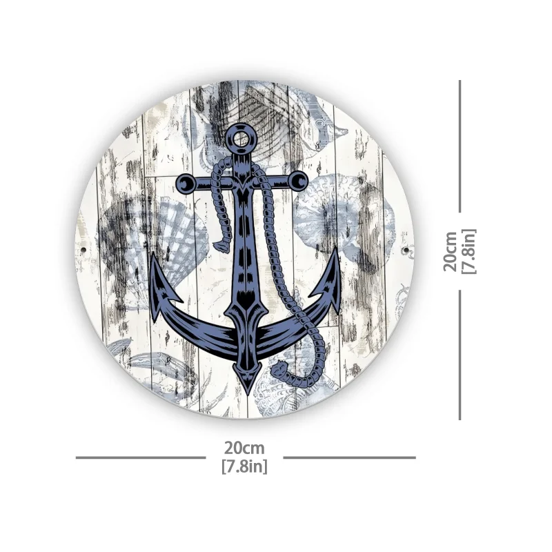 1pc Nautical Anchor Iron Wall Art, 8x8 Inch Circular Flat Printed Metal Sign, Home, Bar, Garage, Club, Restaurant, Cafe Decor