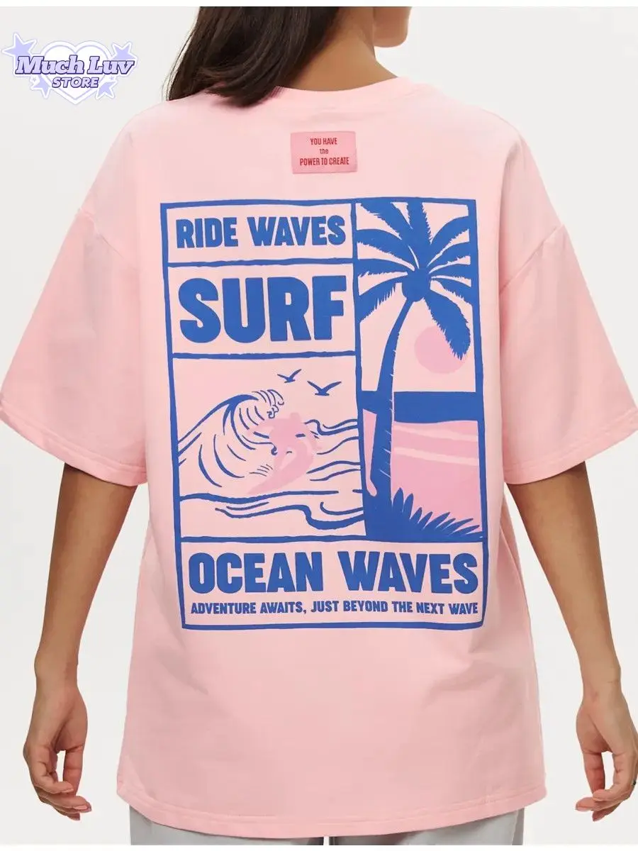 

Cute Surf Printed T-shirt 100% Cotton T-shirt Women's Clothing Summer Fashion Casual Comfy Short Sleeve Top Harajuku Graphic Tee