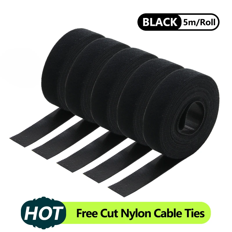 5M/Roll Black 10/15/20/25mm Cable Organizer USB Cable Winder Management nylon Free Cut Ties Mouse earphone Hoop Tape Protector