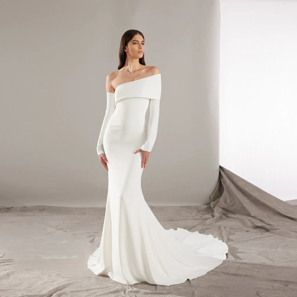 

Simple Strapless Wedding Dresses Asymmetrical Neckline Long Sleeves Bridal Grown Sweep Jersey Mermaid Vestidos De Novia 2024