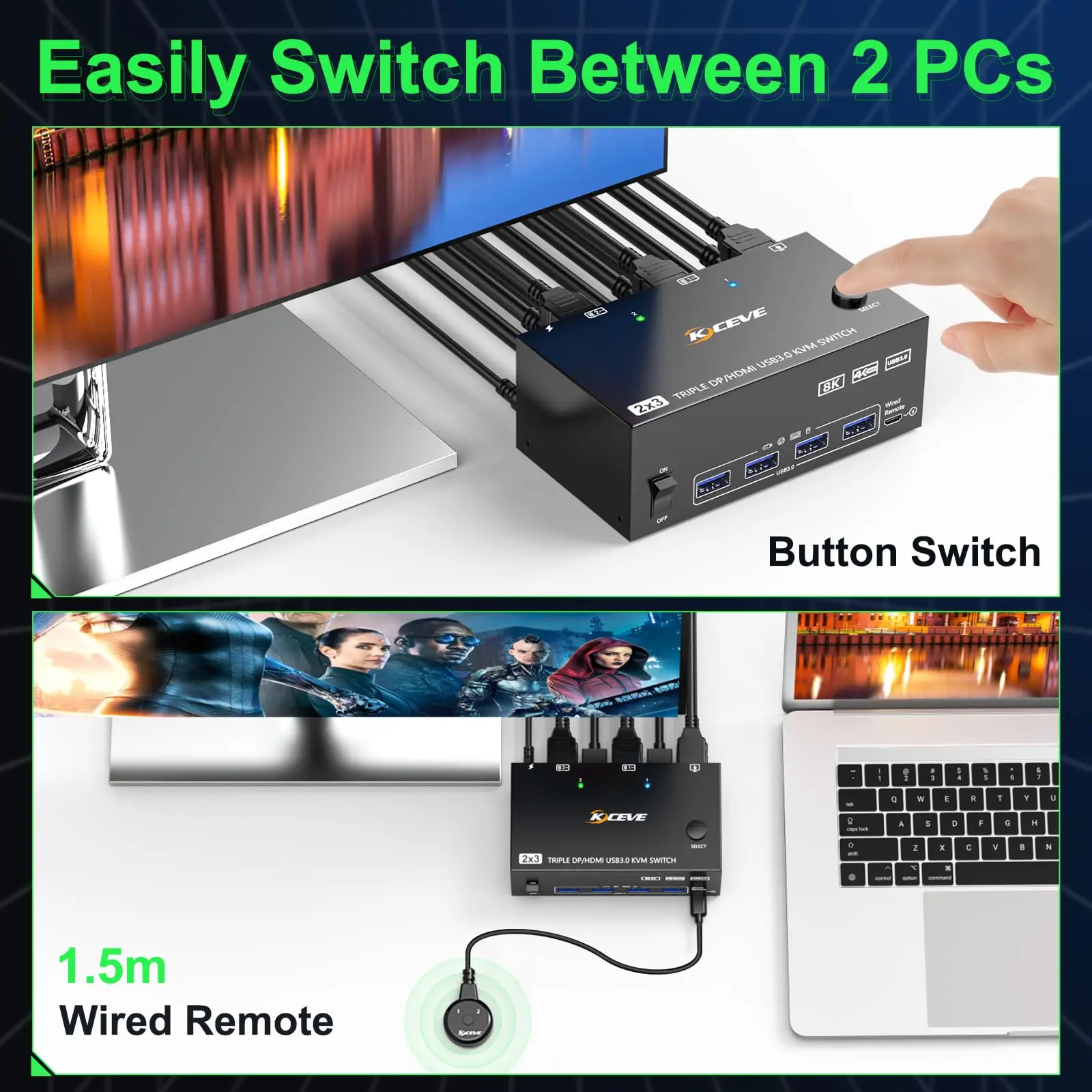 KVM Switch 3 Monitors 2 Computers 8K@60Hz 4K@144Hz, 2 Displayport + HDMI USB3.0 KVM Switch Triple Monitor with 4 USB 3.0 Port