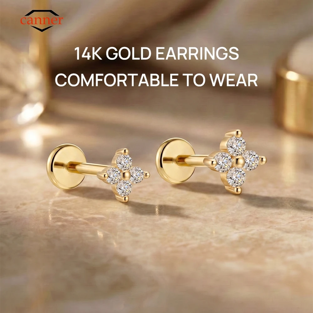 

CANNER 1PC 14K Solid Gold Delicate 3/4mm Four Leaf clover Flower CZ G23 Titanium Piercing Flat Back Earring Women Ear Bone Gift