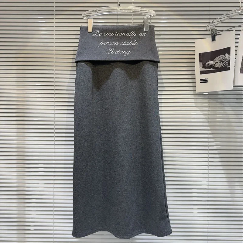 

Женская расклешенная юбка с буквенным принтом на талии, новинка 2025, модные юбки средней длины с разрезом, корейская повседневная уличная одежда Faldas