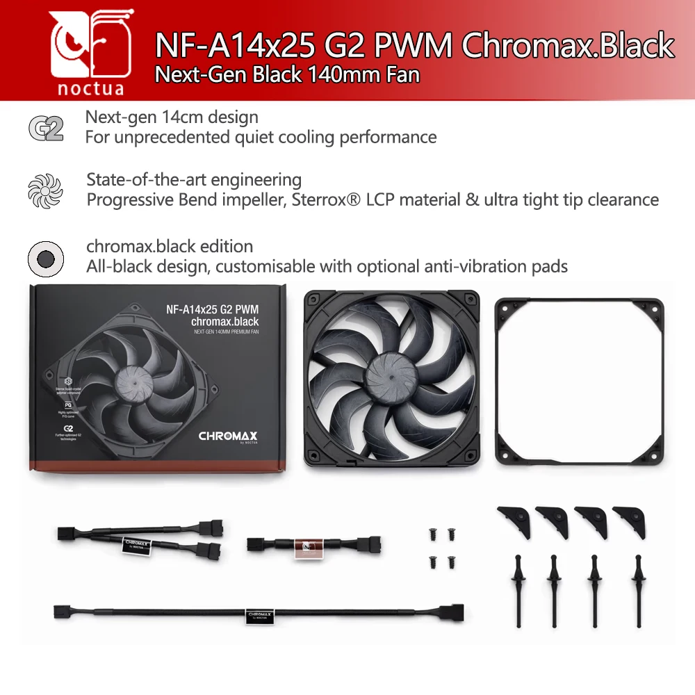 

Noctua NF-A14x25 G2 PWM Chromax.Черный Next-Gen 140x140x25 мм Тихая производительность охлаждения Вентилятор Прогрессивный изгиб Крыльчатка Подшипник SSO2