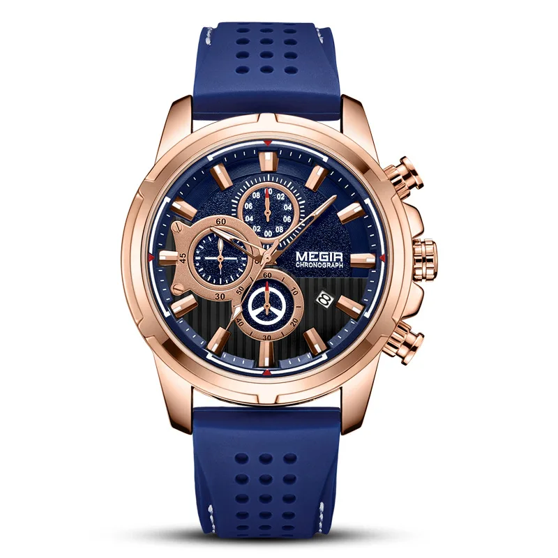 MEGIR Army Sports Quartz Watches Men Chronograph Silicone Strap Wristwatch Luxury Top Brand Relogios Mascuoino Clock 2101 Silver