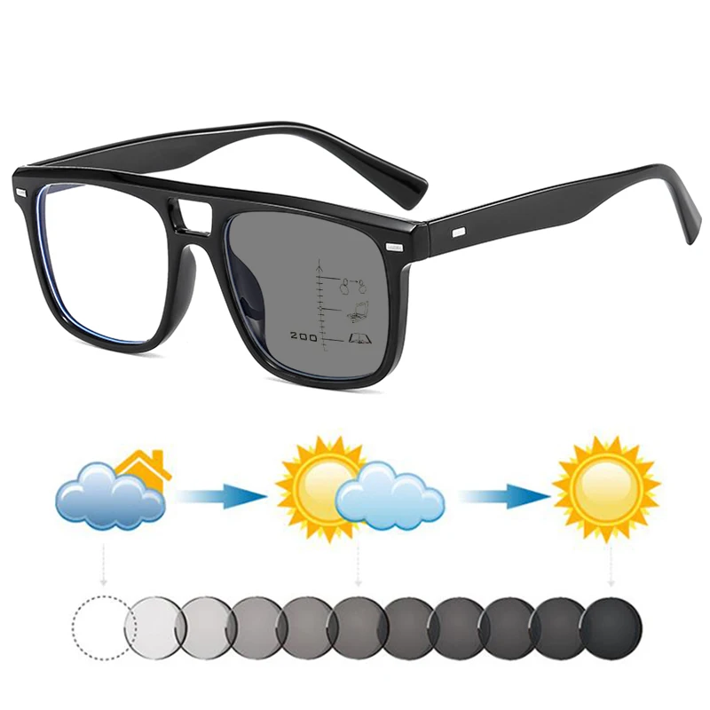 

New Double Bridge Men Retro Rivets Square Photochromic Progressive Reading Sunglasses Women Hyperopia Dark Glasses Shades UV400