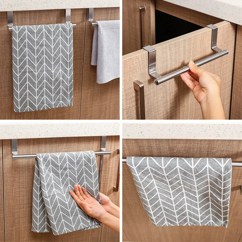 Kitchen Cabinet Door Towel Bar Stainless Steel Door Back Towel Hanging Holder Bathroom Punch-free Towels Hooks  Home Organizer image 3