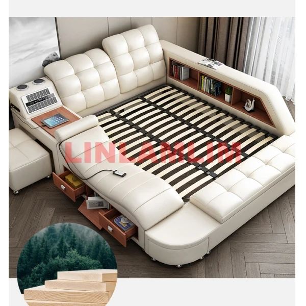 Genuine Leather Tech Smart Bed Multifunctional Beds Ultimate Massage Camas Upholstered Lit with Bluetooth Speaker,Air Cleaner