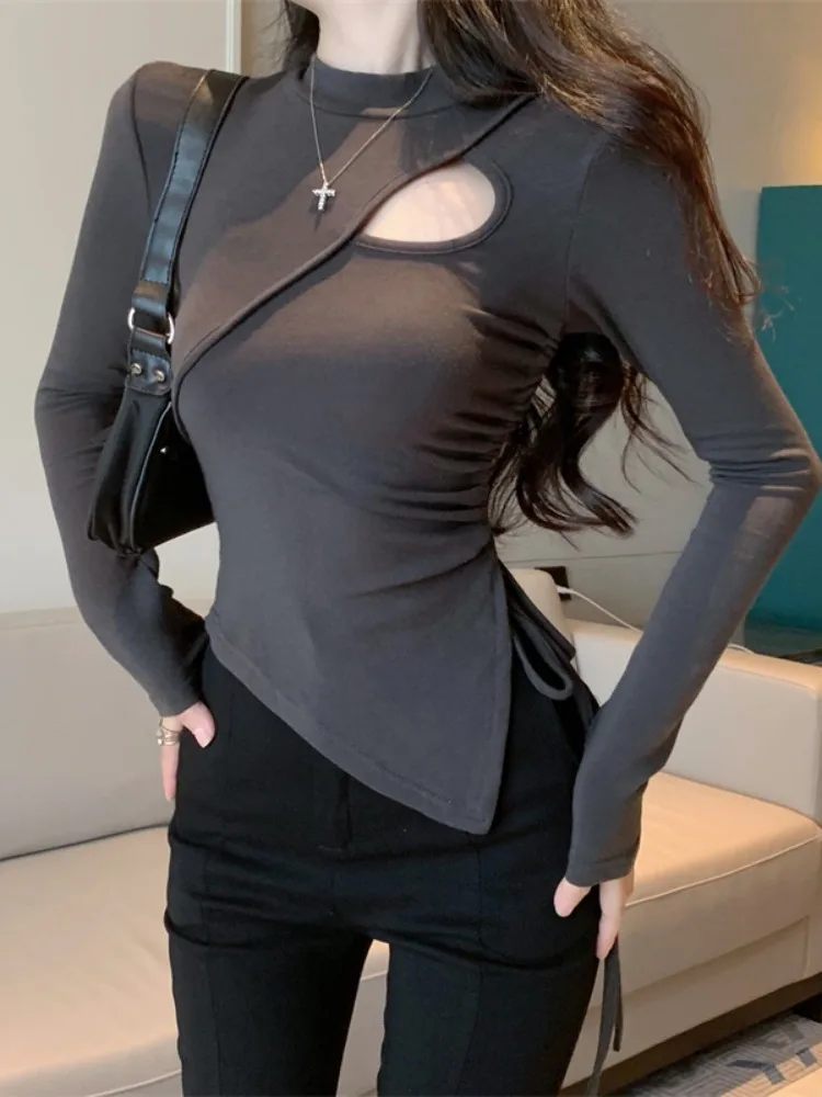 

Sweet And Spicy Asymmetric Short Base Shirt Women's Early Autumn New Style Slim Fit Pleated Unique Pure Desire Trendy Top
