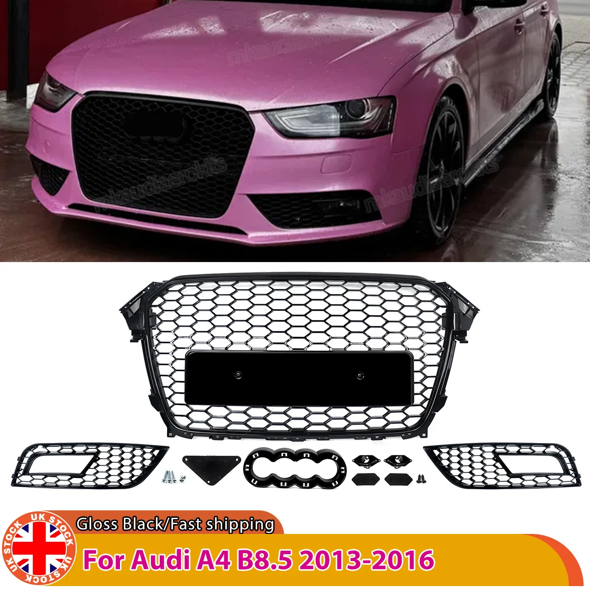 Image of Glänzend Schwarz für Audi A4 B8.5 Standardmodell 2013~2016 Vorderer Mittelstoßfänger Haupt-Rennkühlergrill Nebelscheinwerferabdeckung Wabengitter ABS