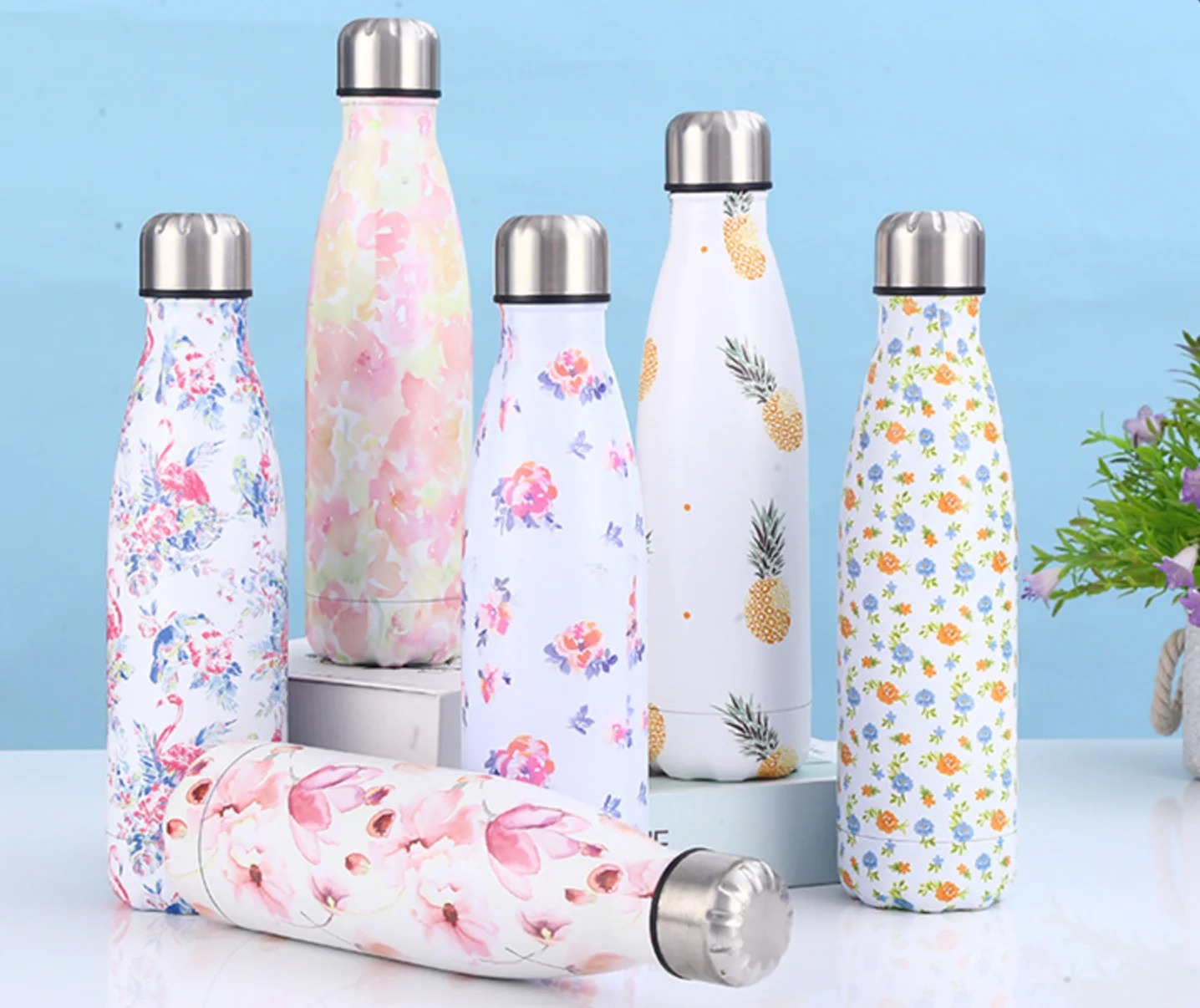 

Stainless Steel Vacuum Insulated Water Bottle, Thermal Sports Flask, Double Wall Direct Drinking, Eco-Friendly Flowers, 500ml