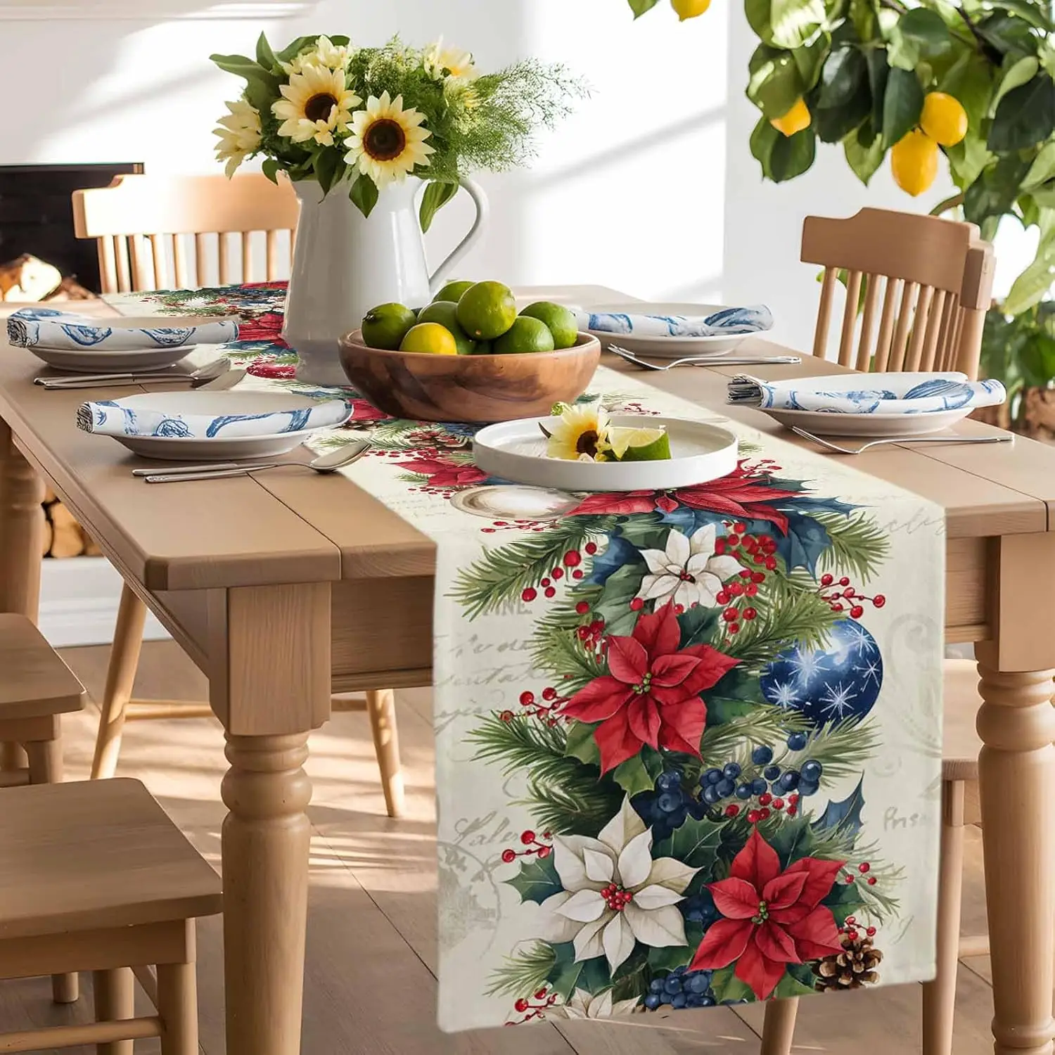 Christmas Poinsettia Holly Berries Table Runner Party Decor Winter Holidays Kitchen Dining Table Runner Christmas Decorations