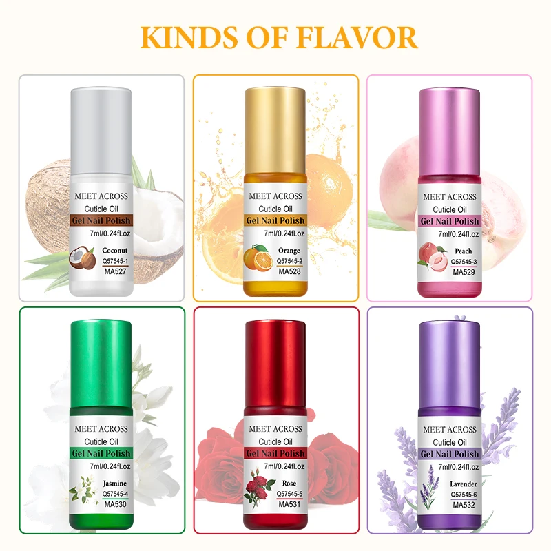 MEET ACROSS 6 Flavor Cuticle Oil 7ml/bottle Alcohol-Free Nourishing Nail Care Moisturizing Treatment for Dry, Damaged Nails