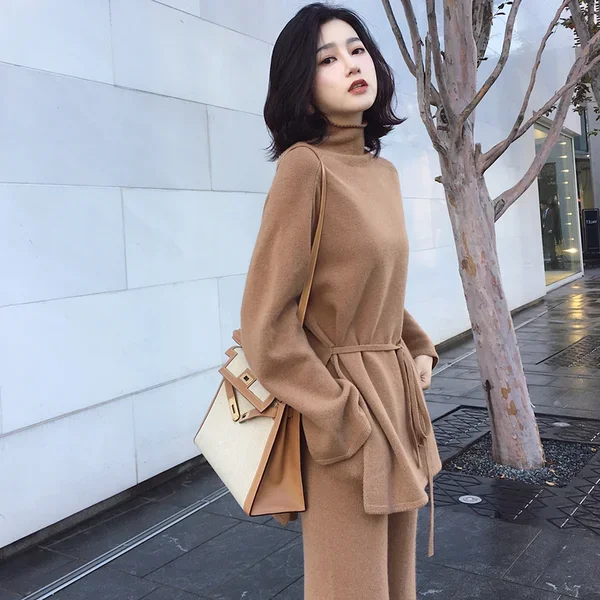 

New winter knitted women suit 2 piece set solid color turtleneck sweater knitted pants suit pullover sets