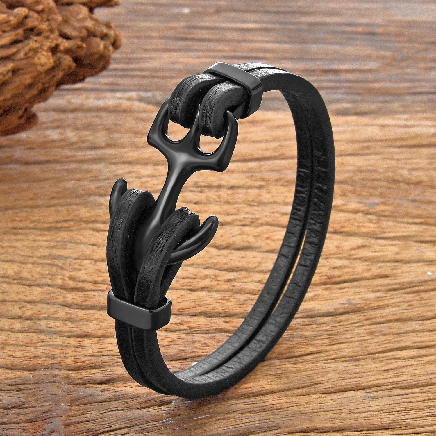 New Punk Navy wind Stainless Steel Anchor Bracelets Brown Black Leather Bracelet & Bangles for Men Trendy Jewelry Gift 2024