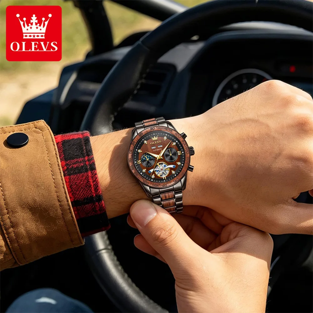 OLEVS 3751 Men's Wristwatch Hollowed Flywheel Luminous Wooden Moon Phase Dual Calendar Automatic Mechanical Watch for Man