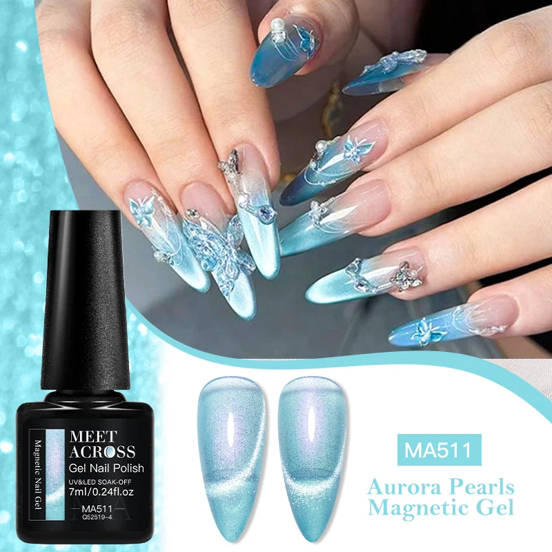 MEET ACROSS 7ml Aurora Pearls Cat Magnetic Nail Gel Polish Purple Pink Glitter Nail Supplies Vernis Gel for Spring Summer Nails