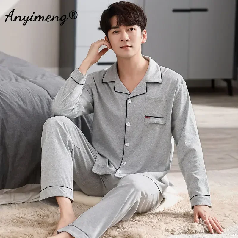 Big Size 4XL Pajamas for Men Autumn Winter New Gentleman Pijamas Fashion Mens Casual Sleepwear Soft Cotton Black Pijama Set