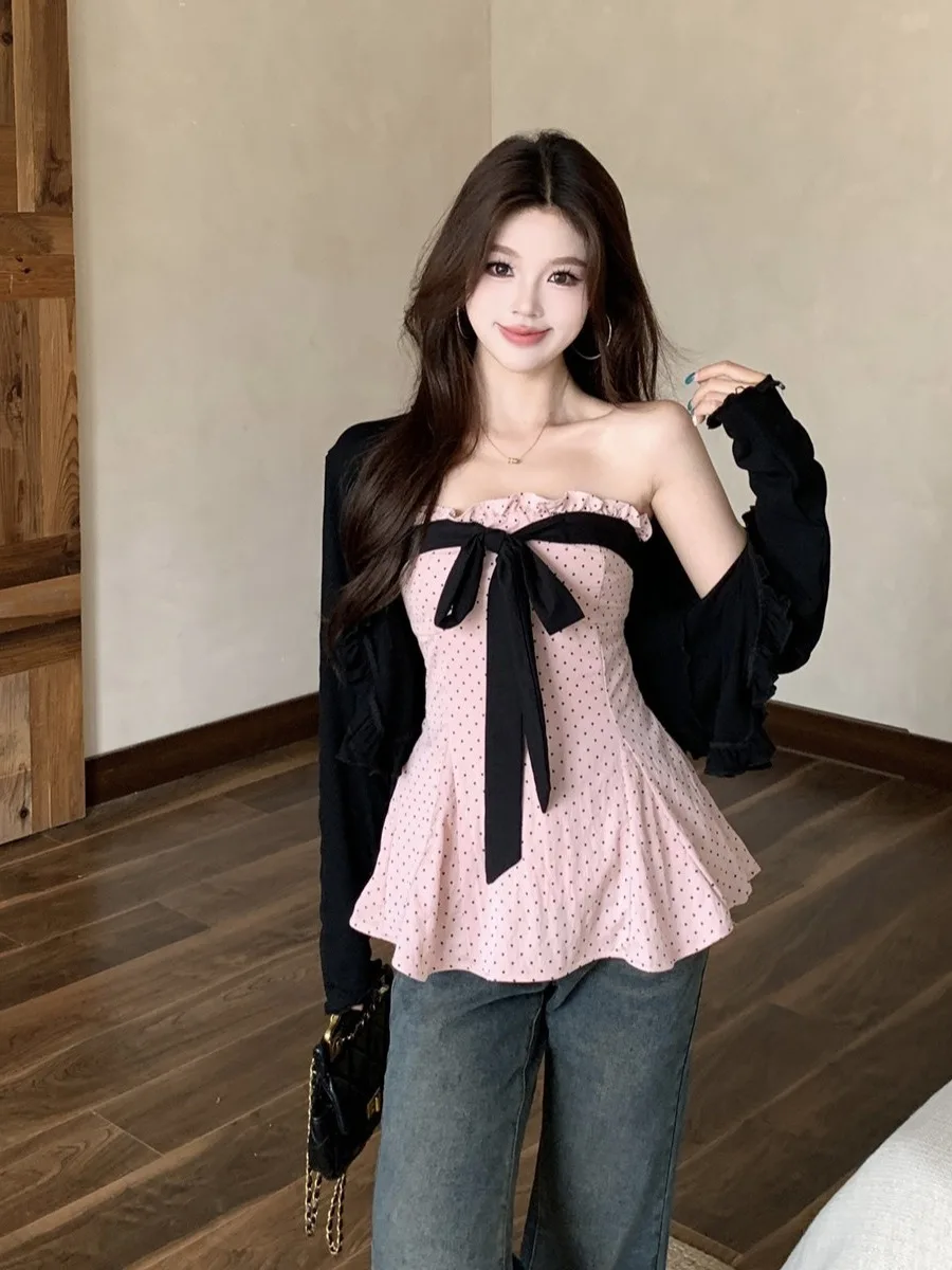 

plus Size Hot Girl Style Set Summer New Design Knot Polka Dot Tube Top Long Sleeve Open Cardigan Top Women's Fashion
